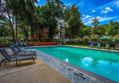 Outdoor pool with lounge chairs and umbrellas at The Park at Westminster apartments for rent